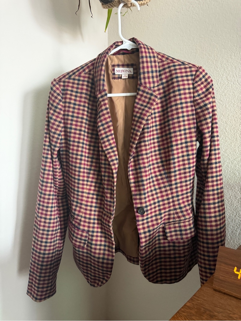 Merona Womens Burgundy and Navy Check Blazer